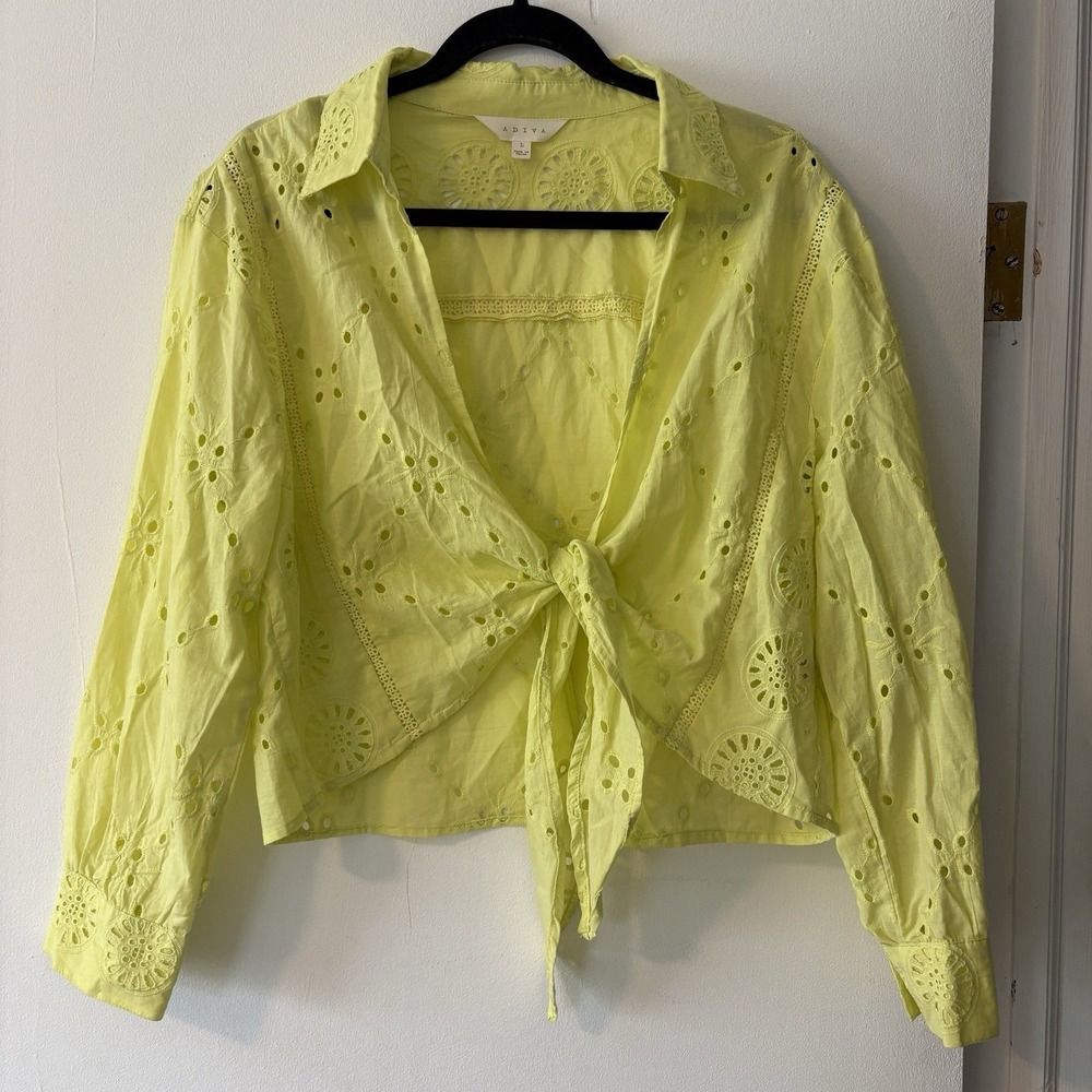 Womens Large Yellow Eyelet Top 100% Cotton Blouse Cropped Tie Front Beach Resort